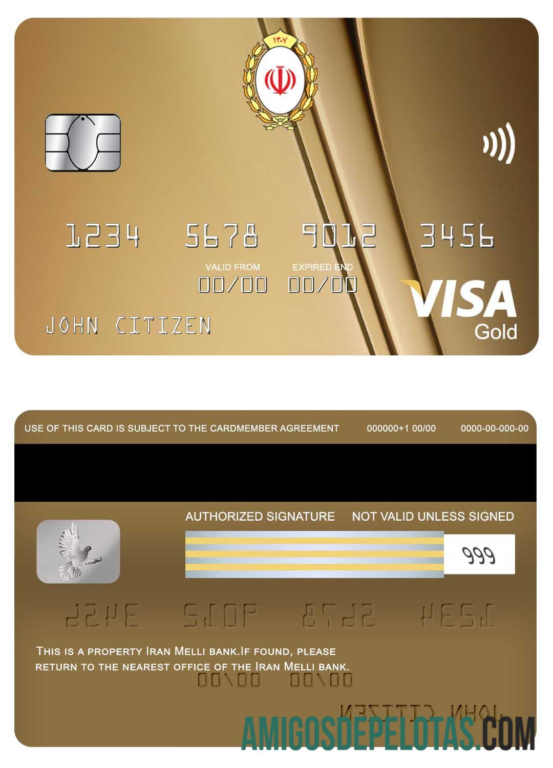 Cartão Visa Gold do Banco Irã Melli exemplo